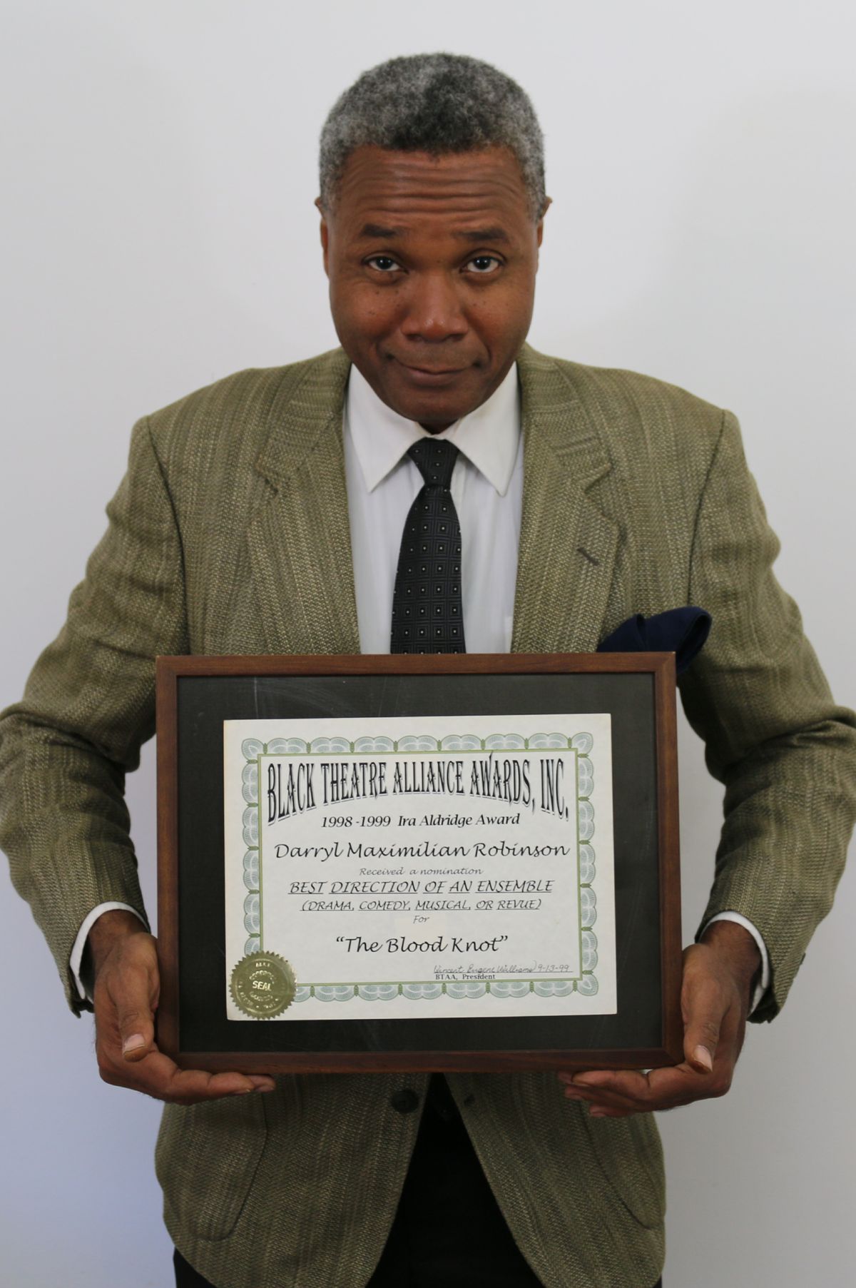 Blood Knot Nod 1: Darryl Maximilian Robinson shows his 1999 Chicago Black Theatre Alliance / Ira Aldridge Award nomination for Best Direction of An Ensemble for the Athol Fugard play The Blood Knot.