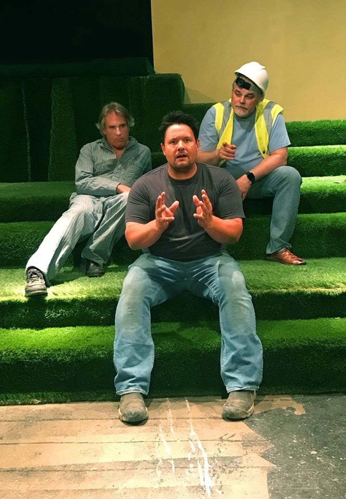 Nick Bottom (Chip Barr - center) explains his nuanced acting skill to fellow mechanicals Flute (Ken Kline - left) and Willie (Kent Halloran)