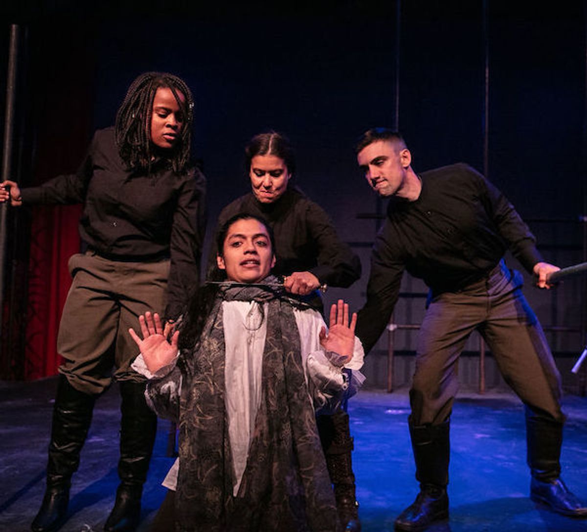 Foreground: Kelvin Morales (Cinna the poet) With Kendell Byrd, Cynthia Boorujy and John Ellsworth Phillips (Citizens) Foreground: Kelvin Morales (Cinna the poet) With Kendell Byrd, Cynthia Boorujy and John Ellsworth Phillips (Citizens)
