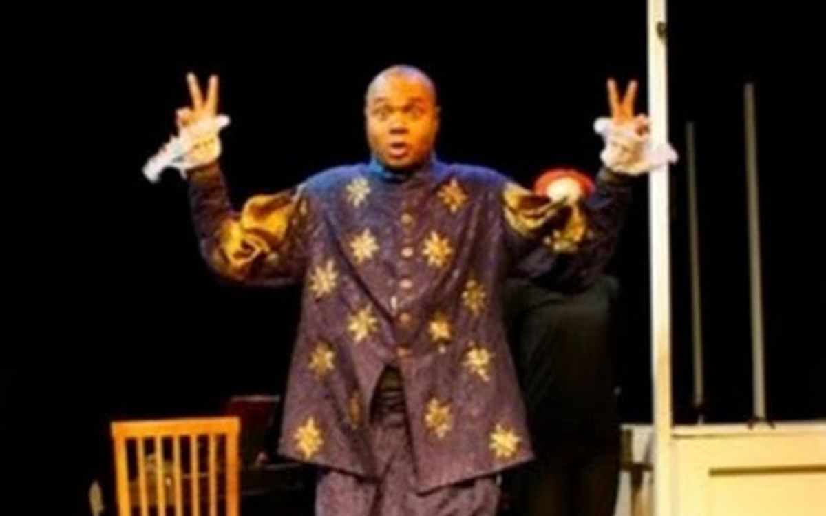 TRYING TO REMEMBER!: Veteran stage actor and play director Darryl Maximilian Robinson attempts to recall a Shakespearean speech in his role as the old Shakespearean actor Henry Albertson in the 2010 Tribe Productions 50th Anniversary revival of Tom Jones' and Harvey Schmidt's "The Fantasticks" in a revival presented during the first-ever Hollywood Fringe Festival at The Complex Theatre of Los Angeles.