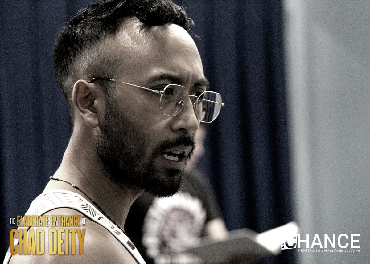 RJ Navara Balde II as Vigneshwar Paduar in rehearsals for the OC premier of Kristoffer Diaz's Pulitzer Prize Finalist play, "The Elaborate Entrance of Chad Deity." Directed by Jeremy Aluma, this high-octane comedy-drama will play September 23 - October 23, 2022 at Chance Theater in Anaheim, CA. 