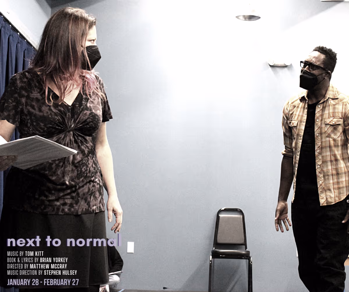 Tym Brown and Jocelyn A. Brown in rehearsal for the Pulitzer prize-winning musical, "Next to Normal," which will be running January 28 - February 27, 2022 at Chance Theater in Anaheim, CA. Music by Tom Kitt; Book & Lyrics by Brian Yorkey; Directed by Matt McCray; Music Direction by Stephen Hulsey. Photos by Camryn and Casey Long. 