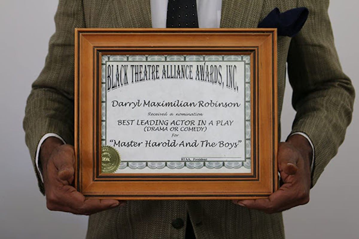 PRESENTING A CHICAGO BLACK THEATRE ALLIANCE / IRA ALDRIDGE AWARD NOMINATION!: Excaliber Shakespeare Company of Chicago and Excaliber Shakespeare Company Los Angeles Archival Project Founder Darryl Maximilian Robinson is winner of a 1997 Chicago Black Theatre Alliance / Ira Aldridge Award Nomination for Best Leading Actor In A Play for his performance as Sam Semela in The ESC's 1997 revival of Athol Fugard's "Master Harold And The Boys" presented at The Heartland Cafe Studio Theatre in the The Rogers Park neighborhood of Chicago. Nomination courtesy of btaa.org. PRESENTING A CHICAGO BLACK THEATRE ALLIANCE / IRA ALDRIDGE AWARD NOMINATION!: Excaliber Shakespeare Company of Chicago and Excaliber Shakespeare Company Los Angeles Archival Project Founder Darryl Maximilian Robinson is winner of a 1997 Chicago Black Theatre Alliance / Ira Aldridge Award Nomination for Best Leading Actor In A Play for his performance as Sam Semela in The ESC's 1997 revival of Athol Fugard's "Master Harold And The Boys" presented at The Heartland Cafe Studio Theatre in the The Rogers Park neighborhood of Chicago. Nomination courtesy of btaa.org.