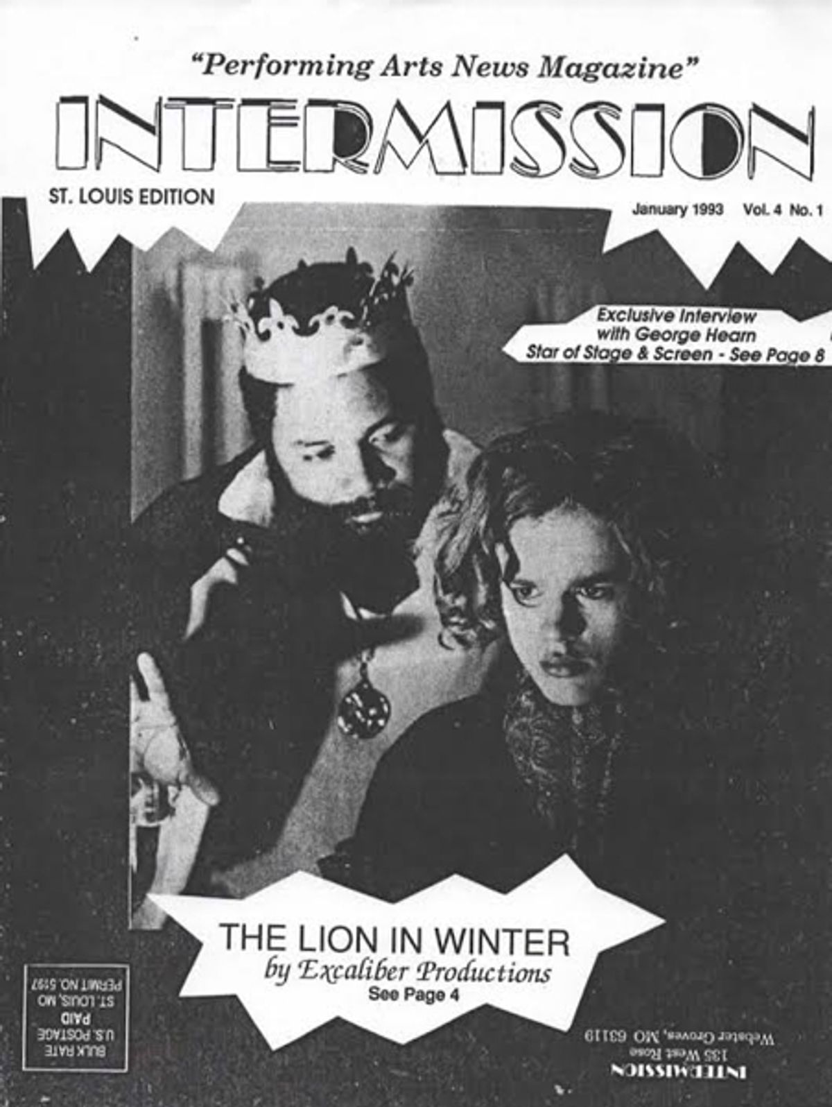 Nearly 20 years before making his national television debut as Drake in Adult Swim's 'Loiter Squad', Darryl Maximilian Robinson produced, directed and starred in multiracial cast stagings of plays in St. Louis, Missouri. Seen here on the Jan. 1993 cover of the performing arts news magazine Intermission are Director Darryl Maximilian Robinson as King Henry II and Phillip Watt as Prince John in the 1992-1993 Excaliber Productions, Ltd. multiracial cast revival of James Goldman's 'The Lion In Winter' which was staged at St. Louis' then-popular Wabash Triangle Cafe. Photo by Carl Valle.
