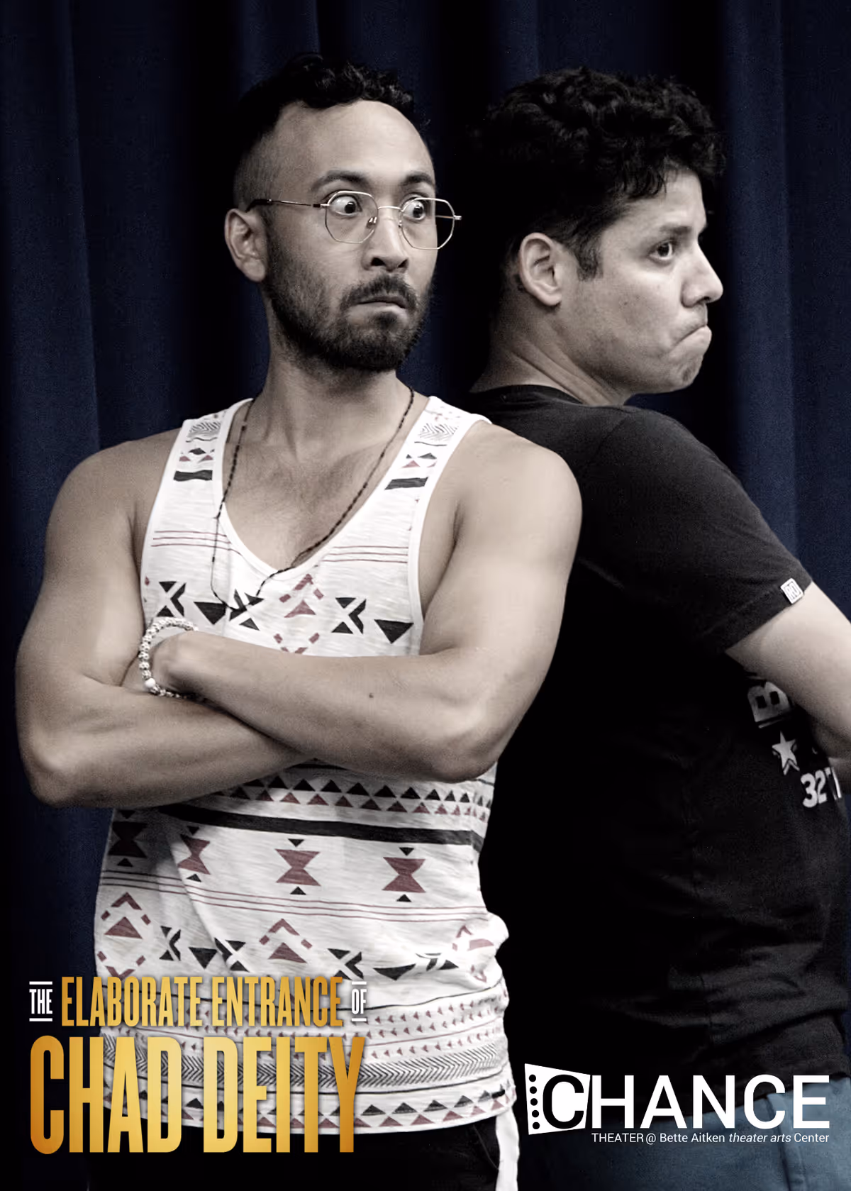 RJ Navarra Balde II as VP and Rudy Solis III as Mace in rehearsals for the OC premier of Kristoffer Diaz's Pulitzer Prize Finalist play, "The Elaborate Entrance of Chad Deity." Directed by Jeremy Aluma, this high-octane comedy-drama will play September 23 - October 23, 2022 at Chance Theater in Anaheim, CA. 