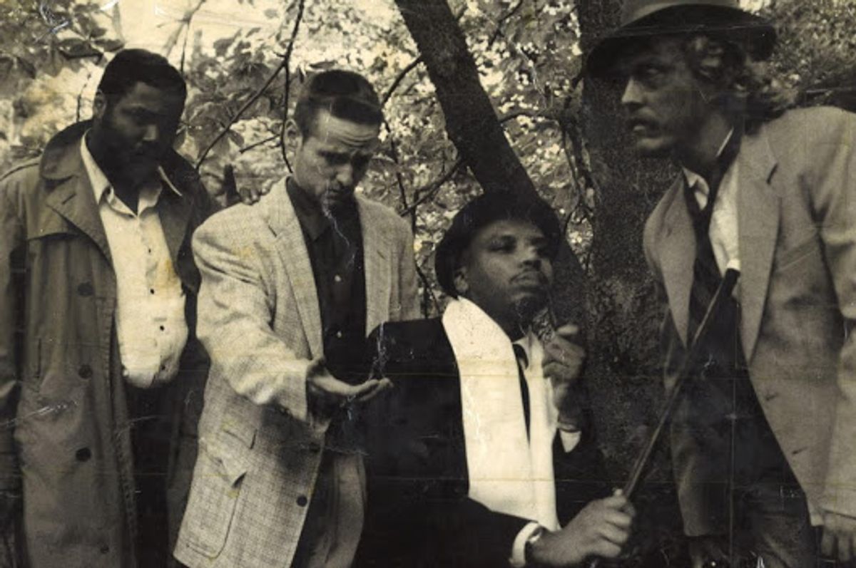 NOTHING TO BE DONE!: Director Darryl Maximilian Robinson as Vladimir, Michael Alt as Estragon, Carey Means as Pozzo and Patrick B. Hensler as Lucky were featured in the 1992 Excaliber Productions, Ltd in St. Louis revival of Samuel Beckett's classic tragicomedy "Waiting For Godot" which was staged by Mr. Robinson at the historic Second Presbyterian Church in the Central West End of St. Louis. Photo by Carl Valle. NOTHING TO BE DONE!: Director Darryl Maximilian Robinson as Vladimir, Michael Alt as Estragon, Carey Means as Pozzo and Patrick B. Hensler as Lucky were featured in the 1992 Excaliber Productions, Ltd in St. Louis revival of Samuel Beckett's classic tragicomedy "Waiting For Godot" which was staged by Mr. Robinson at the historic Second Presbyterian Church in the Central West End of St. Louis. Photo by Carl Valle.
