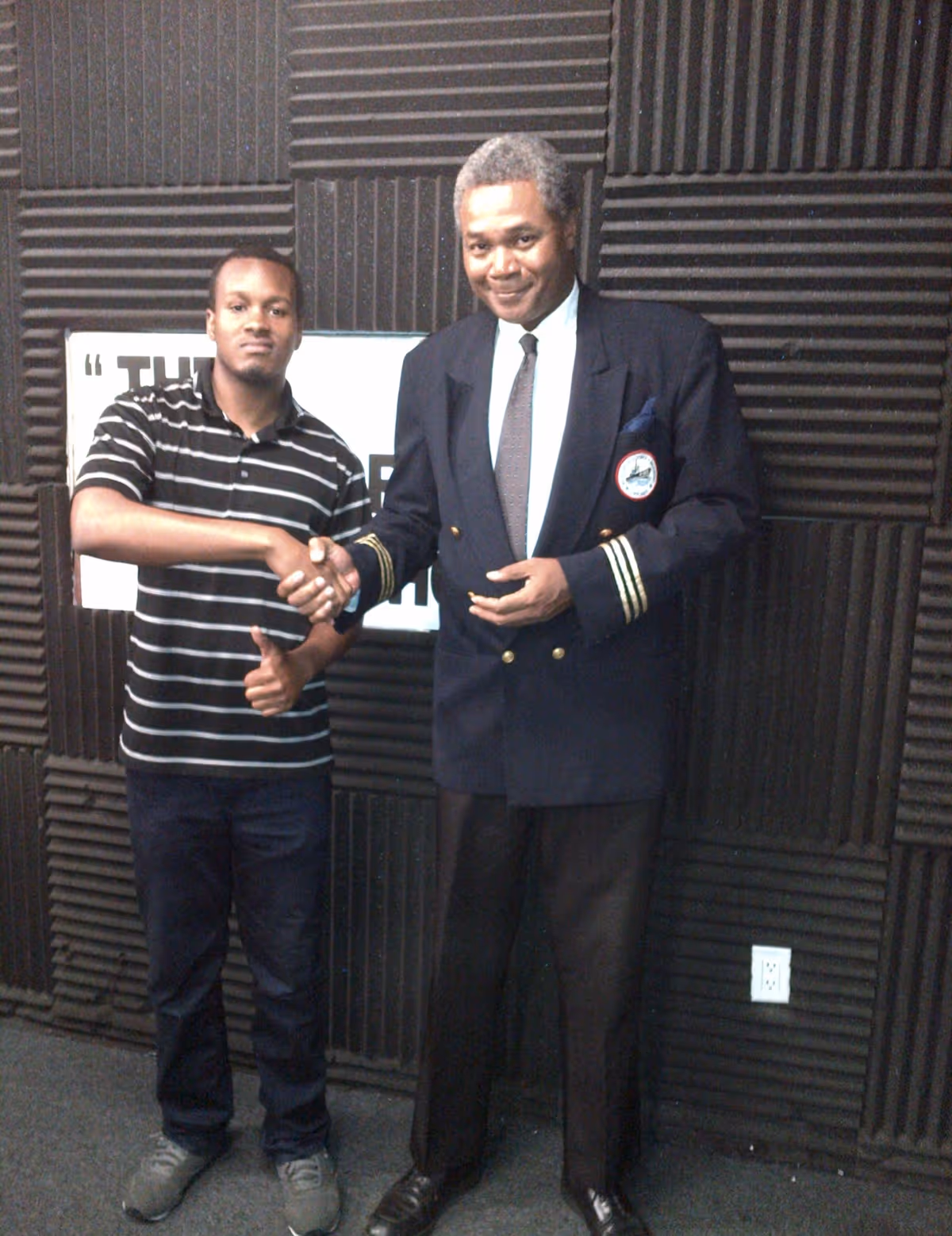 THAT'S A WRAP!: Sound Engineer and Video Cameraman Laron "LP" Daviston congratulates Excaliber Shakespeare Company of Chicago and Excaliber Shakespeare Company Los Angeles Archival Project Founder Darryl Maximilian Robinson at the end of his September 19, 2016 interview on Ron Brewington's "The Actor's Choice" Episode 2.37. Photo by Ron Brewington.