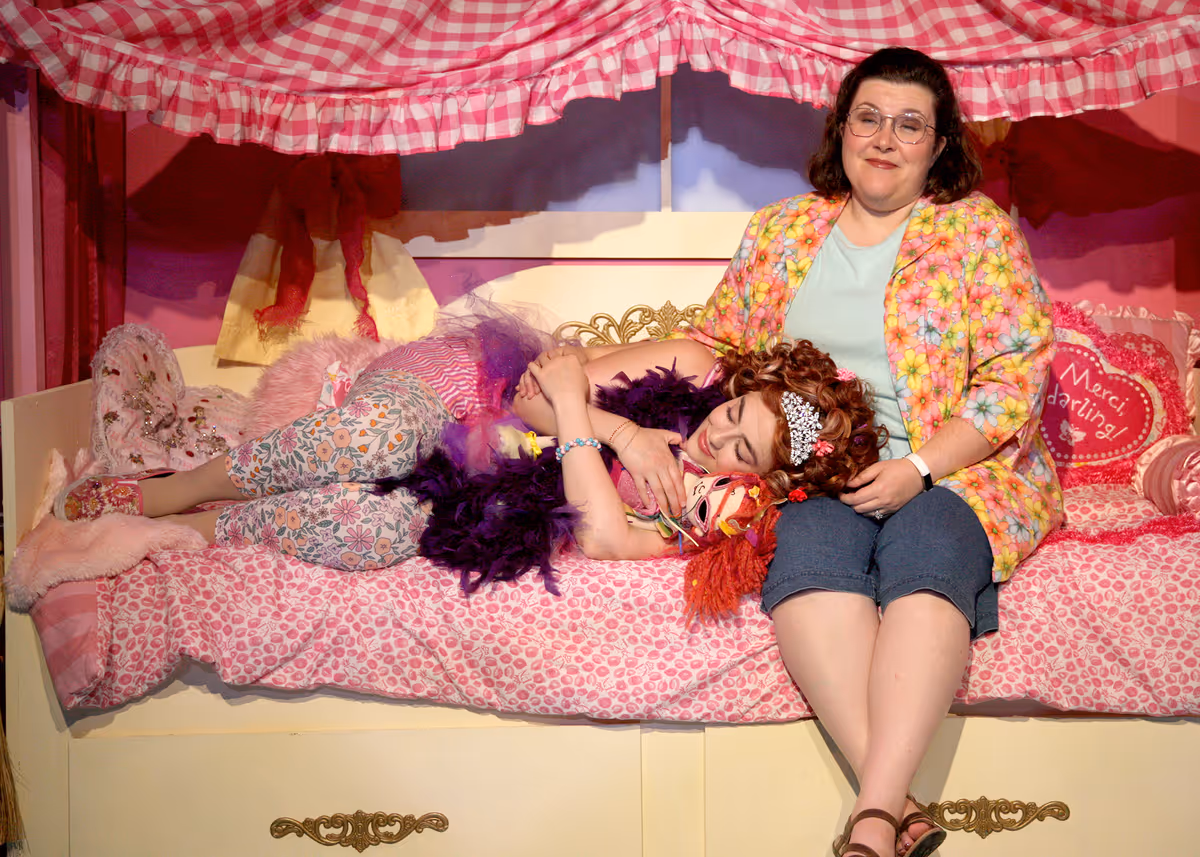 Jillian Batt as Nancy and Katie Brown as Mrs. Clancy in Chance Theater's TYA production of "Fancy Nancy, The Musical". Playing through June 19, 2022, this musical adaptation of the popular book series has book and lyrics by Susan DiLallo, music and lyrics by Danny Abosch, and is directed by Laura M. Hathaway and music directed by Robyn Manion. Photo by Doug Catiller.