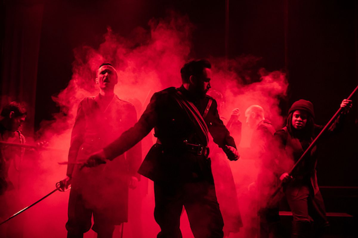 Foreground: Paul Turbiak (Cassius) and Faqir Hassan (Brutus) With Jose Acain (Lucilius), Sam Breen (Mark Antony), Kendell Byrd (Lucius) Photo credit: Grettel Cortes Foreground: Paul Turbiak (Cassius) and Faqir Hassan (Brutus) With Jose Acain (Lucilius), Sam Breen (Mark Antony), Kendell Byrd (Lucius) Photo credit: Grettel Cortes