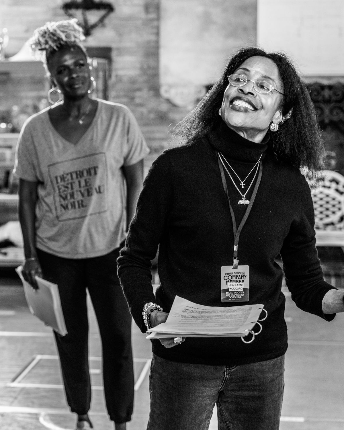 L-R: Deborah Joy Winans and Charlayne Woodard in rehearsal for Angry, Raucous, and Shamelessly Gorgeous at Geffen Playhouse. Photo by Jeff Lorch.
