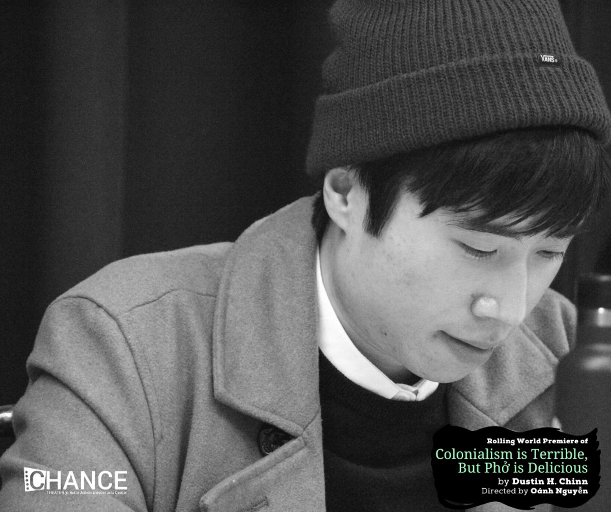 Dustin Vuong Nguyen at the first read-thru for the rolling world premiere of "Colinialism is Terrible, But Phở is Delicious" at Chance Theater. Photo by Casey Long.