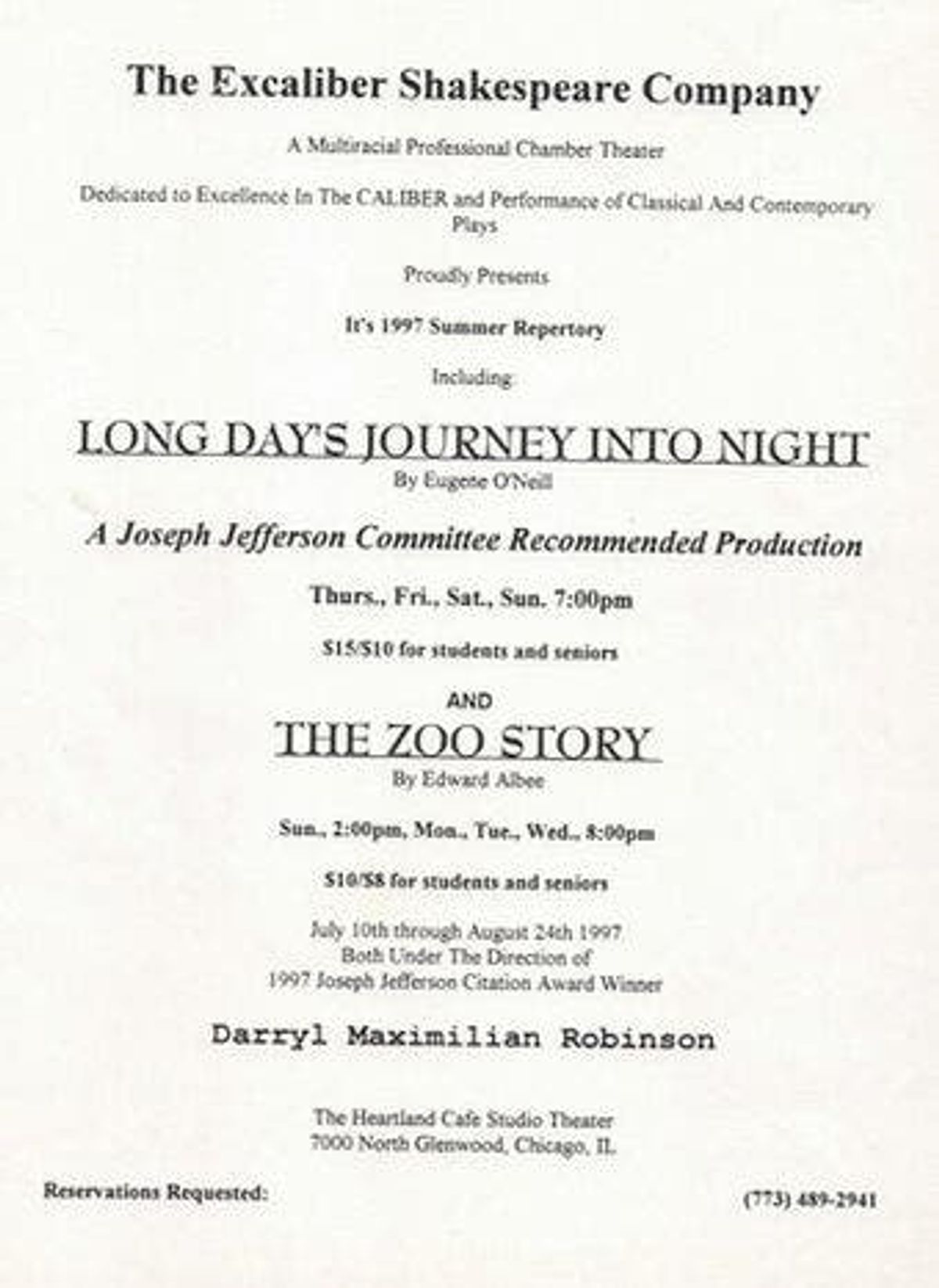 ONeill At Heartland: 1997 ESC Chicago Program Cover of its Summer Repertory of Long Days Journey Into Night and The Zoo Story under the direction of Jeff Award Winner Darryl Maximilian Robinson.