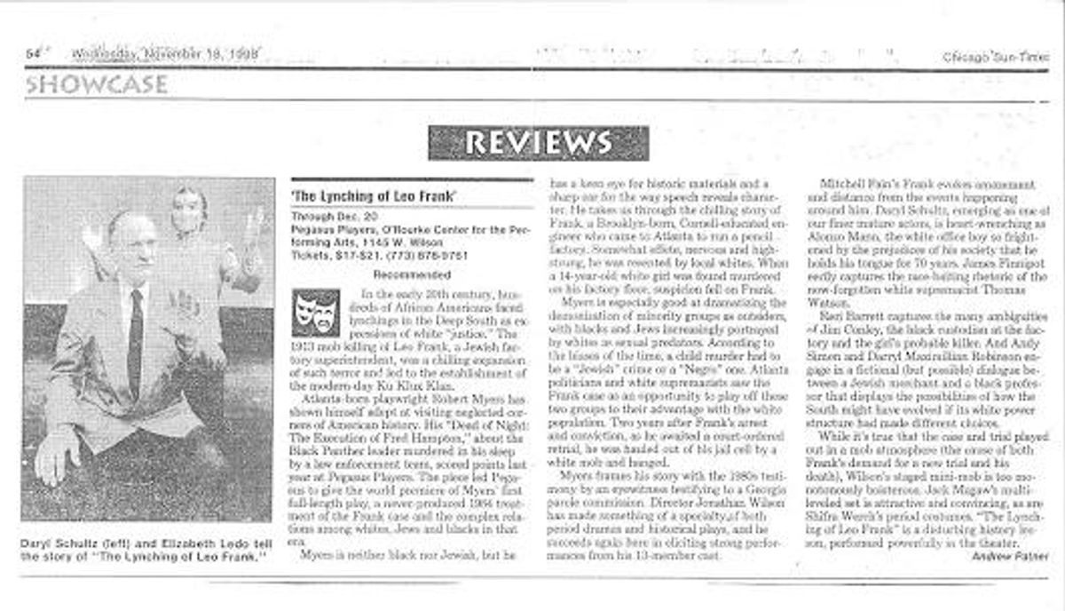 Lynching Review 2: Nov. 19, 1998 Chicago Sun-Times notice of Darryl Maximilian Robinson as The Professor in the Pegasus Players World Premiere Production of The Lynching of Leo Frank.