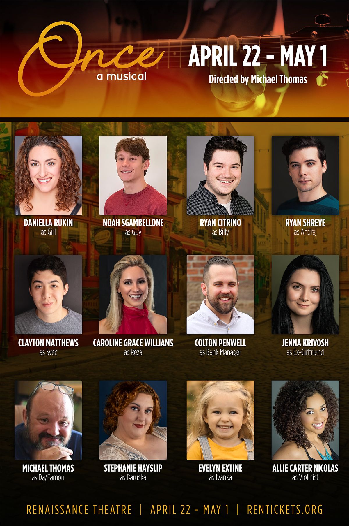 Meet the cast of Once the Musical at Renaissance Theatre in Mansfield, Ohio. Meet the cast of Once the Musical at Renaissance Theatre in Mansfield, Ohio.