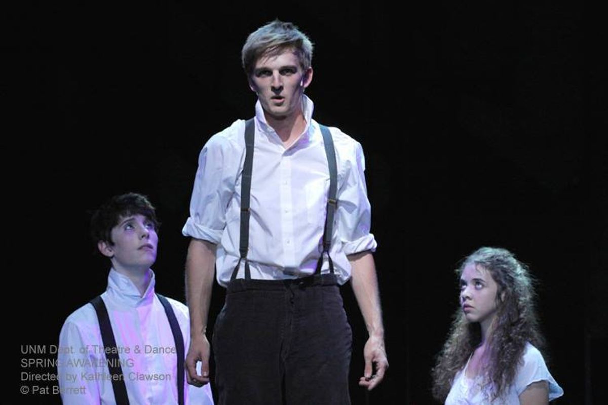 Cory Meehan as Moritz, Stafford Douglas as Melchior, and Andee Schray as Wendla, Spring Awakening at the University of New Mexico, photo by Pat Berrett