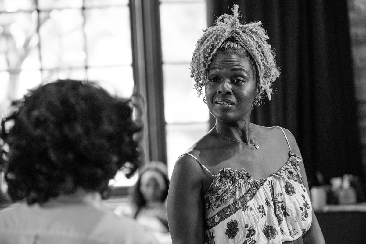 L-R: Denise Burse and Deborah Joy Winans in rehearsal for Angry, Raucous, and Shamelessly Gorgeous at Geffen Playhouse. Photo by Isaak Berliner. L-R: Denise Burse and Deborah Joy Winans in rehearsal for Angry, Raucous, and Shamelessly Gorgeous at Geffen Playhouse. Photo by Isaak Berliner.