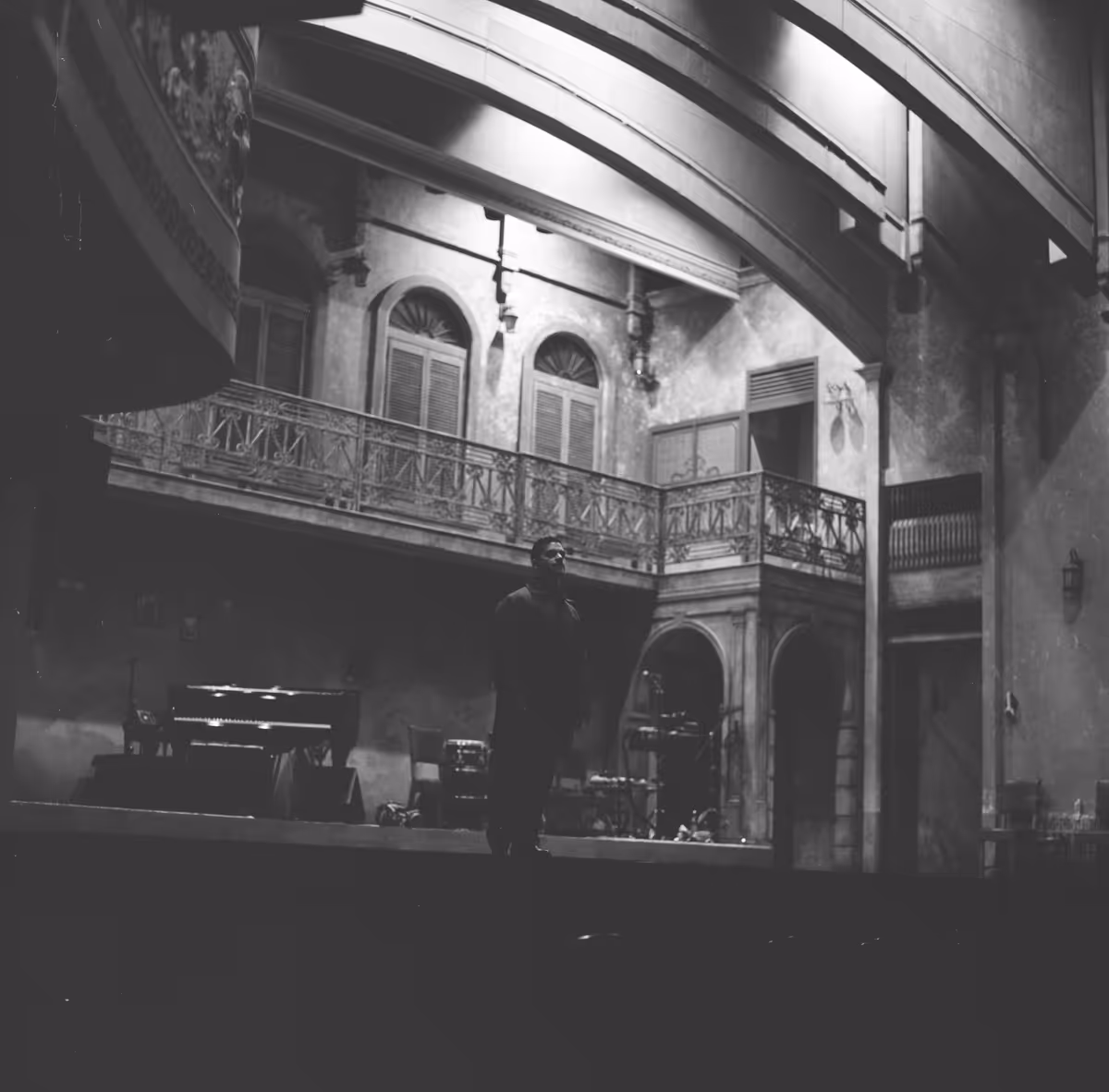 Jes s Pupo at the Gerald Schoenfeld Theatre, with the set of Broadway?s Buena Vista Social Club in the background. Pupo portrays Young Rub n in the musical. October 2026. Photo by Anyelo Troya.
