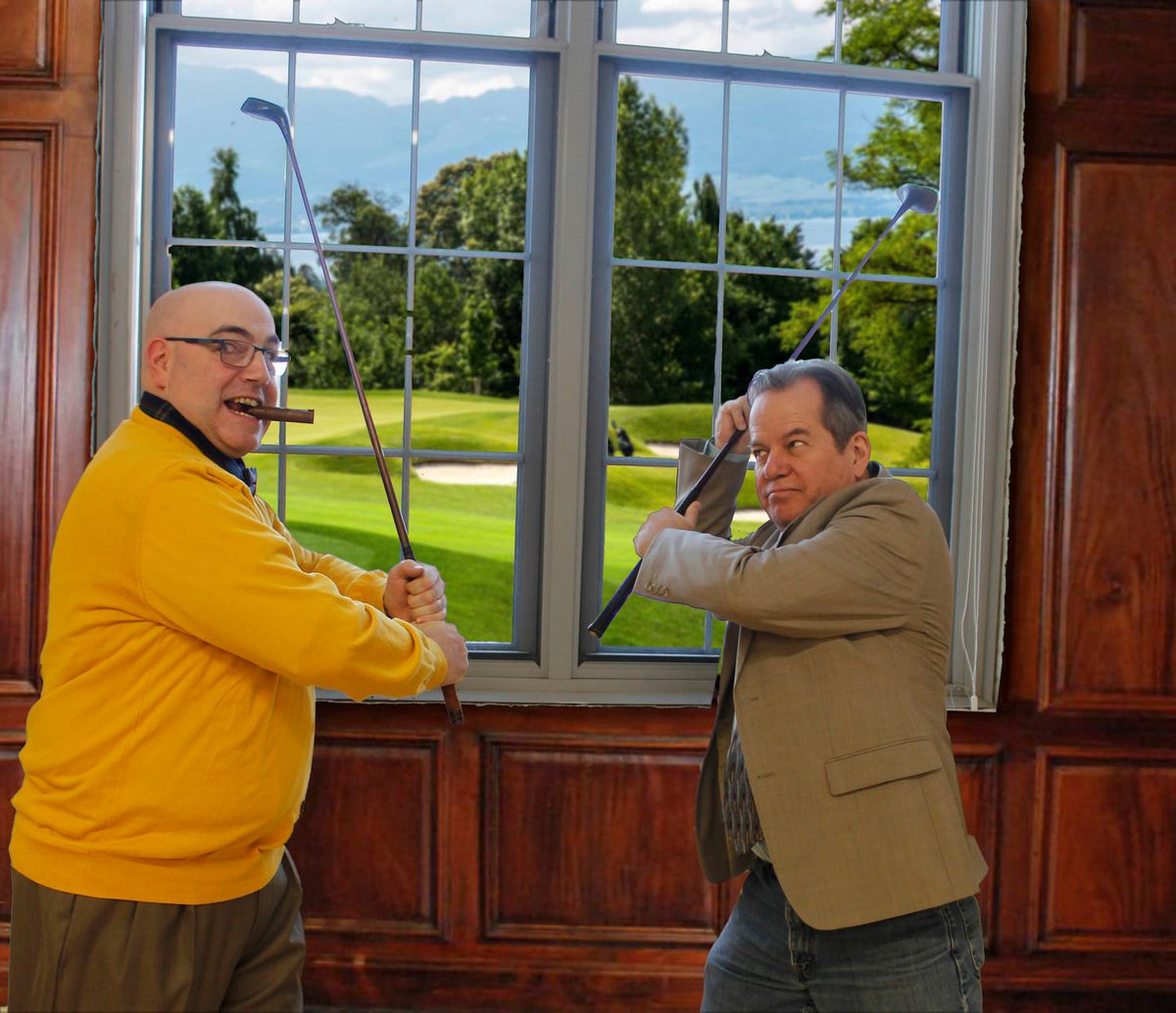 From Left to Right: Dickie Bell (Erik Hyatt) and Henry Bingham (Bart Shattuck) get ready to battle for golf and love supremacy in the new winter comedy "A Fox On The Fairway" opening Friday, January 25th at the Waterville Opera House.
