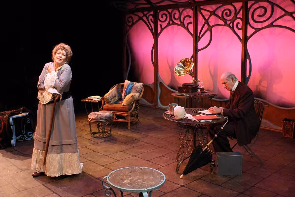 Karen Sheridan as Sarah Bernhardt and John Lepard as Georges Pitou in the Michigan Premiere of "MEMOIR" by John Murrell. Karen Sheridan as Sarah Bernhardt and John Lepard as Georges Pitou in the Michigan Premiere of "MEMOIR" by John Murrell.