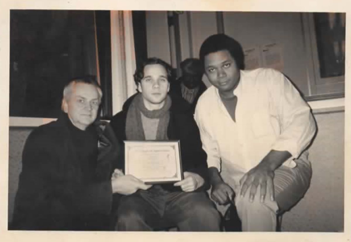 LUCKY TO GET AN AWARD!: Photo of Excaliber Shakespeare Company of Chicago Members Playwright and Dramaturg Jeff Helgeson, Actor Shawn Lee Martin and Actor and Director Darryl Maximilian Robinson at WKKC Radio station of Chicago's Kennedy-King College on the occasion Mr. Martin received his 1998 WKKC Radio Chicago Critic's Corner Fine Arts Award for Outstanding Debut Performance By An Actor In A Play for his portrayal of Lucky in the 1997 Excaliber Shakespeare Company of Chicago revival of Samuel Beckett's "Waiting For Godot". Photo by Critic's Corner Host Nathaniel McClin. LUCKY TO GET AN AWARD!: Photo of Excaliber Shakespeare Company of Chicago Members Playwright and Dramaturg Jeff Helgeson, Actor Shawn Lee Martin and Actor and Director Darryl Maximilian Robinson at WKKC Radio station of Chicago's Kennedy-King College on the occasion Mr. Martin received his 1998 WKKC Radio Chicago Critic's Corner Fine Arts Award for Outstanding Debut Performance By An Actor In A Play for his portrayal of Lucky in the 1997 Excaliber Shakespeare Company of Chicago revival of Samuel Beckett's "Waiting For Godot". Photo by Critic's Corner Host Nathaniel McClin.