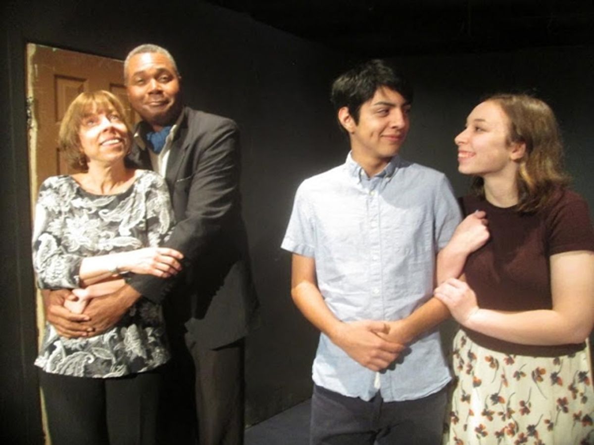 IMPROVISING A HAPPY FAMILY: Casey Krubiner as Winnifred, Darryl Maximilian Robinson as Ernest, Joey Trezise as Tony and Lucy Krubiner as Lora in the 2016 Emmanuel Lutheran Actors Theatre Ensemble - Elate revival of Tad Mosel's "Impromptu" which was presented as an evening of short works entitled "Just 4 Fun" at North Hollywood's Lincoln Stegman Theatre. Photo courtesy of Elate.
