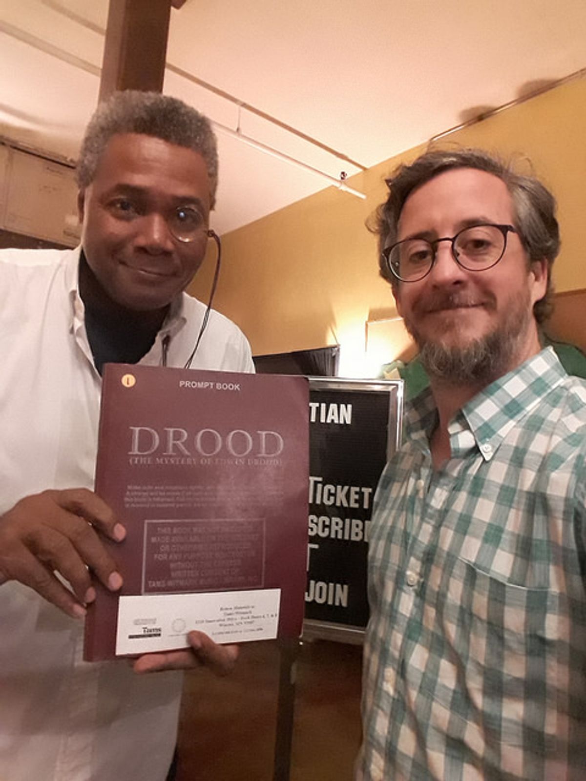 The Chairman In Durdles Rehearsal: Darryl Maximilian Robinson plays The Chairman Mr. William Cartwright / Mayor Thomas Sapsea and Eric Prahl plays Durdles / Mr. Cricker, Sr. in the 2018 Chicago Drood.
