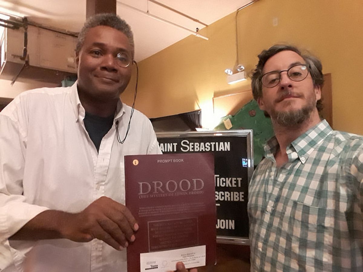 Poor Mrs. Sapsea: Darryl Maximilian Robinson and Eric Prahl rehearse their roles of The Chairman Mr. William Cartwright / Mayor Thomas Sapsea and Durdles / Mr. Cricker, Sr. In the 2018 Chicago Drood.