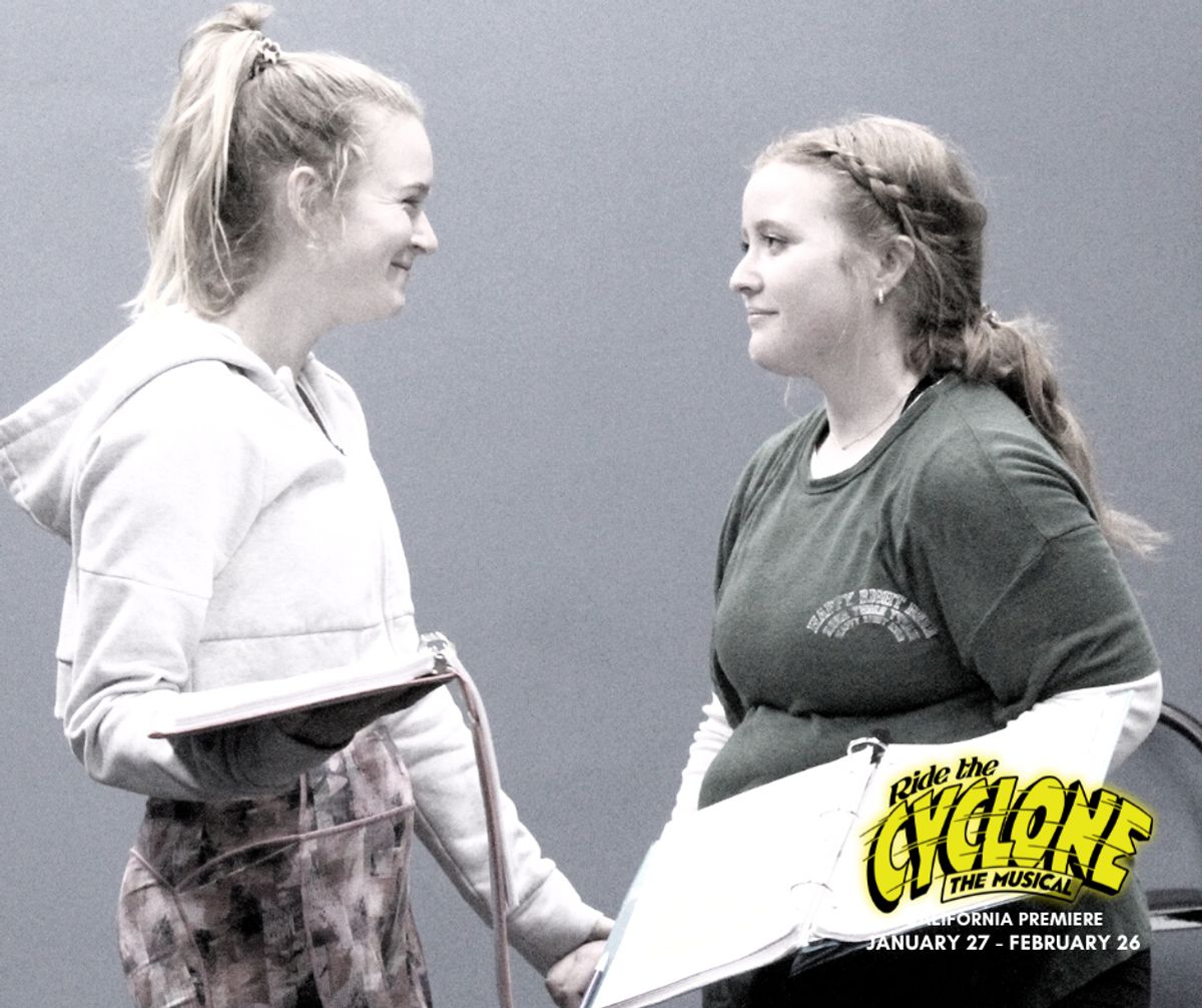 Hayley Wolff as Ocean O'Connell Rosenberg and Rose Pell as Constance Blackwood in rehearsal for the California premiere of "Ride the Cyclone" at Chance Theater in Anaheim, CA. Book, music, and lyrics by Jacob Richmond & Brooke Maxwell, directed by Jocelyn A. Brown, music direction by Lex Leigh, and choreographed by Miguel Cardenas. Playing January 27 - February 26, 2023 at Bette Aitken theater arts Center on the Cripe Stage. Hayley Wolff as Ocean O'Connell Rosenberg and Rose Pell as Constance Blackwood in rehearsal for the California premiere of "Ride the Cyclone" at Chance Theater in Anaheim, CA. Book, music, and lyrics by Jacob Richmond & Brooke Maxwell, directed by Jocelyn A. Brown, music direction by Lex Leigh, and choreographed by Miguel Cardenas. Playing January 27 - February 26, 2023 at Bette Aitken theater arts Center on the Cripe Stage.