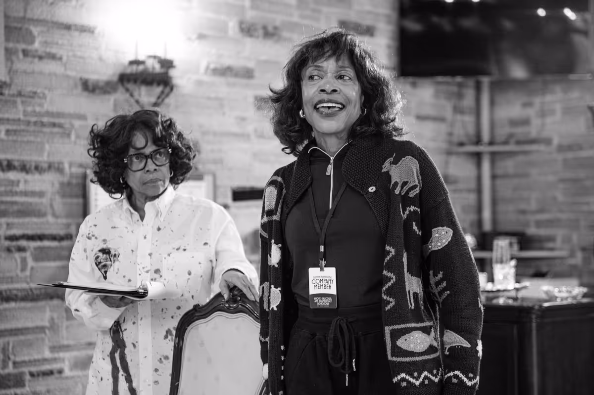 L-R: Denise Burse and Charlayne Woodard in rehearsal for Angry, Raucous, and Shamelessly Gorgeous at Geffen Playhouse. Photo by Isaak Berliner. L-R: Denise Burse and Charlayne Woodard in rehearsal for Angry, Raucous, and Shamelessly Gorgeous at Geffen Playhouse. Photo by Isaak Berliner.