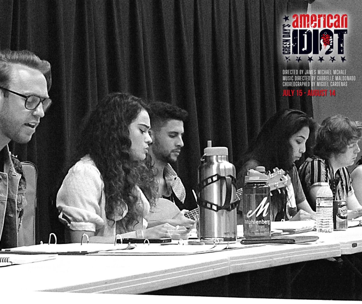 Eric Dobson, Dagmar Marshall-Michelson, Jared Machado, Erika Mireya Cruz, and Christopher Diem during the first read-through of  "Green Day's American Idiot" Directed by James Michael McHale, running July 15- August 14 at Chance Theater in Anaheim, CA.