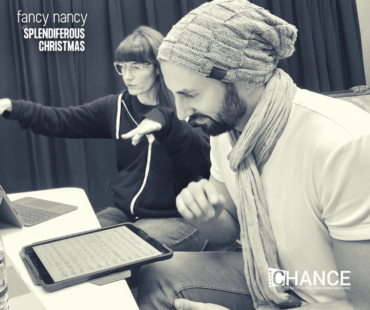 Laura Hathaway and Stefan Miller during the first read through of "Fancy Nancy Splendiferous Christmas," running December 9 - 23, 2022 on the Fyda-Mar Stage at chance Theater Bette Aitken theater arts Center in Anaheim, CA.