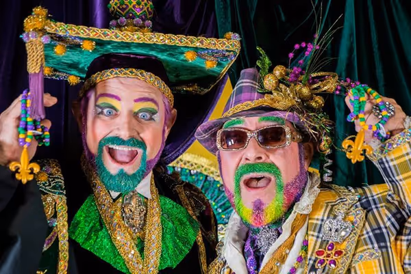 Professor Carl Nivale (Vatican Lokey) welcomes Grand Marshal Marty Graw (Edward R. Cox) to join the Carnival Festivities during The Professor Carl Nivale Show.  Photo by Roy Guste. 5