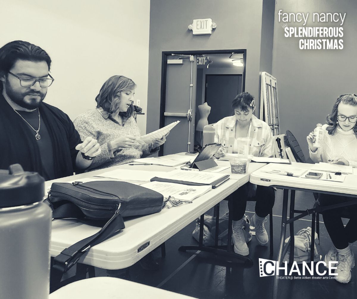 Abel Miramontes, Jenny Jacobs, Shai Culver, and Angela Griswold during the first read through of "Fancy Nancy Splendiferous Christmas," running December 9 - 23, 2022 on the Fyda-Mar Stage at chance Theater Bette Aitken theater arts Center in Anaheim, CA. Abel Miramontes, Jenny Jacobs, Shai Culver, and Angela Griswold during the first read through of "Fancy Nancy Splendiferous Christmas," running December 9 - 23, 2022 on the Fyda-Mar Stage at chance Theater Bette Aitken theater arts Center in Anaheim, CA.