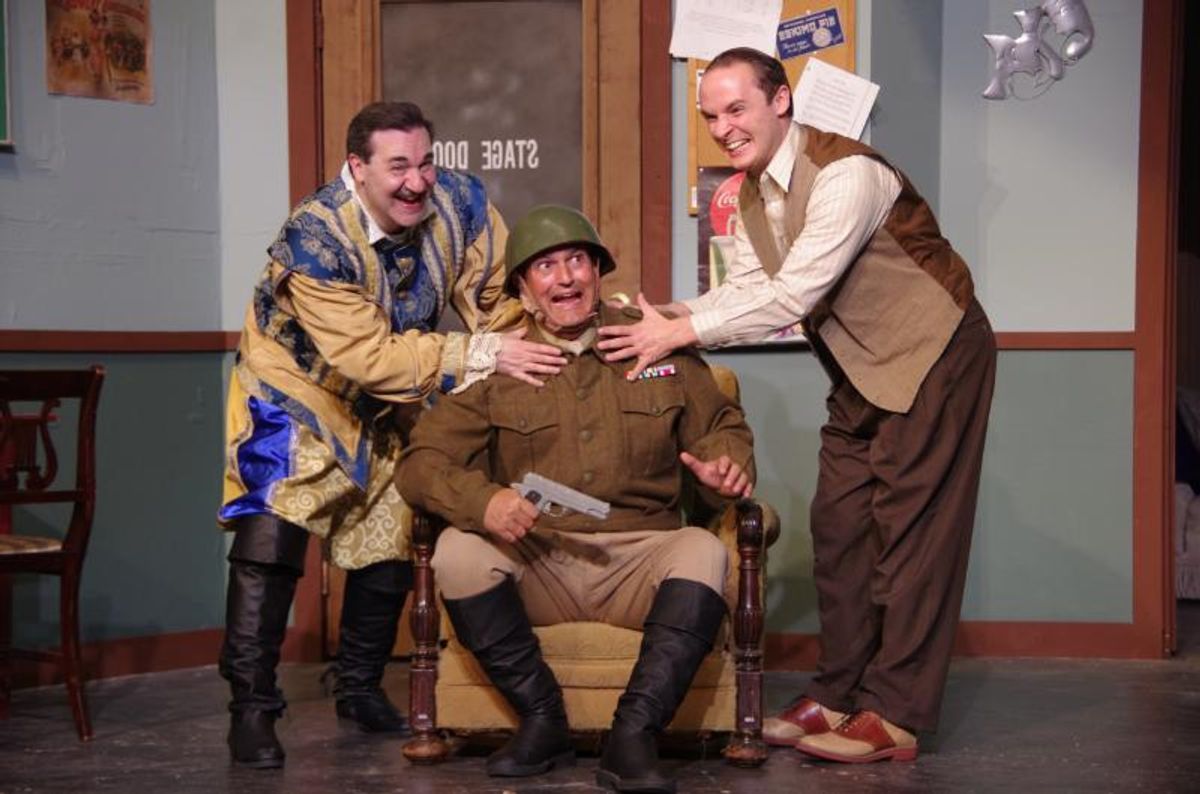 Hysterical antics ensue during Ken Ludwig?s comedy Moon Over Buffalo. Pictured Left to Right; Greg Hay (Michael A. Gravame of Detroit), Howard (Greg Ruvolo of Lathrup Village) and Paul (Wyatt Setty of Harrison Township). Hysterical antics ensue during Ken Ludwig?s comedy Moon Over Buffalo. Pictured Left to Right; Greg Hay (Michael A. Gravame of Detroit), Howard (Greg Ruvolo of Lathrup Village) and Paul (Wyatt Setty of Harrison Township).