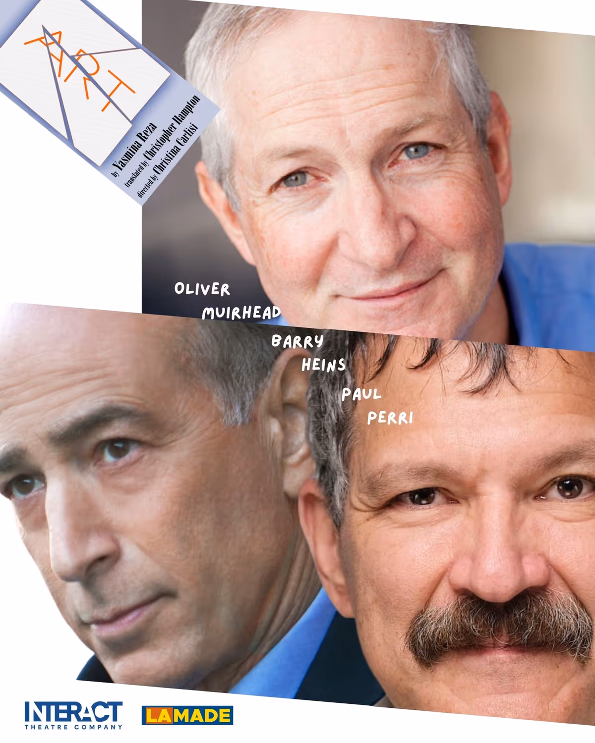 Barry Heins, Oliver Muirhead, and Paul Perri star in Yasmina Reza's international hit comedy, "Art." One performance only, Saturday, June 11, 2022, at 1:30 PM PT, at North Hollywood Amelia Earhart Regional Library, and live-streamed on BroadwayOnDemand.com. Free.