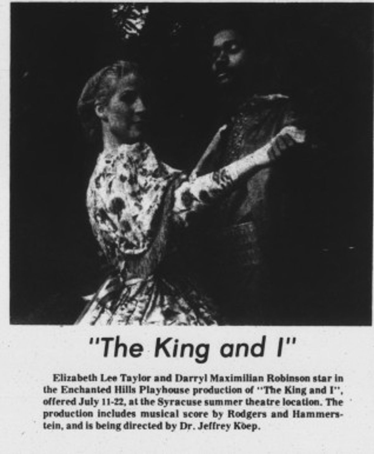 By the time Darryl Maximilian Robinson appeared as The Chairman Mr. William Cartwright and Mayor Thomas Sapsea in 'The Mystery of Edwin Drood', he was no stranger to playing a leading role in a musical having portrayed such roles as The King opposite skilled actress and singer Elizabeth Lee Taylor as Mrs. Anna 34 years before in the 1984 Enchanted Hills Playhouse of Syracuse, Indiana revival of Rodgers' and Hammerstein's 'The King and I'. Photo courtesy of The EHP.
By the time Darryl Maximilian Robinson appeared as The Chairman Mr. William Cartwright and Mayor Thomas Sapsea in 'The Mystery of Edwin Drood', he was no stranger to playing a leading role in a musical having portrayed such roles as The King opposite skilled actress and singer Elizabeth Lee Taylor as Mrs. Anna 34 years before in the 1984 Enchanted Hills Playhouse of Syracuse, Indiana revival of Rodgers' and Hammerstein's 'The King and I'. Photo courtesy of The EHP.