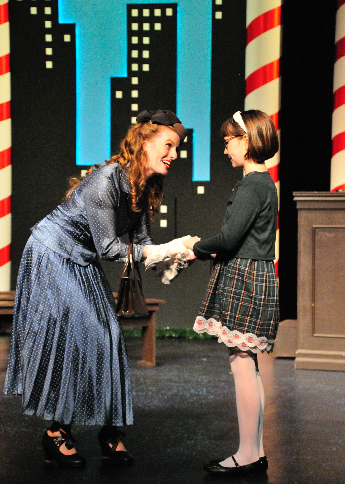 Miracle on 34th Street, the Play at Lakewood Theatre Company Nov. 7 - Dec. 14, 2025.  Web: www.lakewood-center.org  Pictured (left to right): Ariel Puls, and Georgia Krugel.