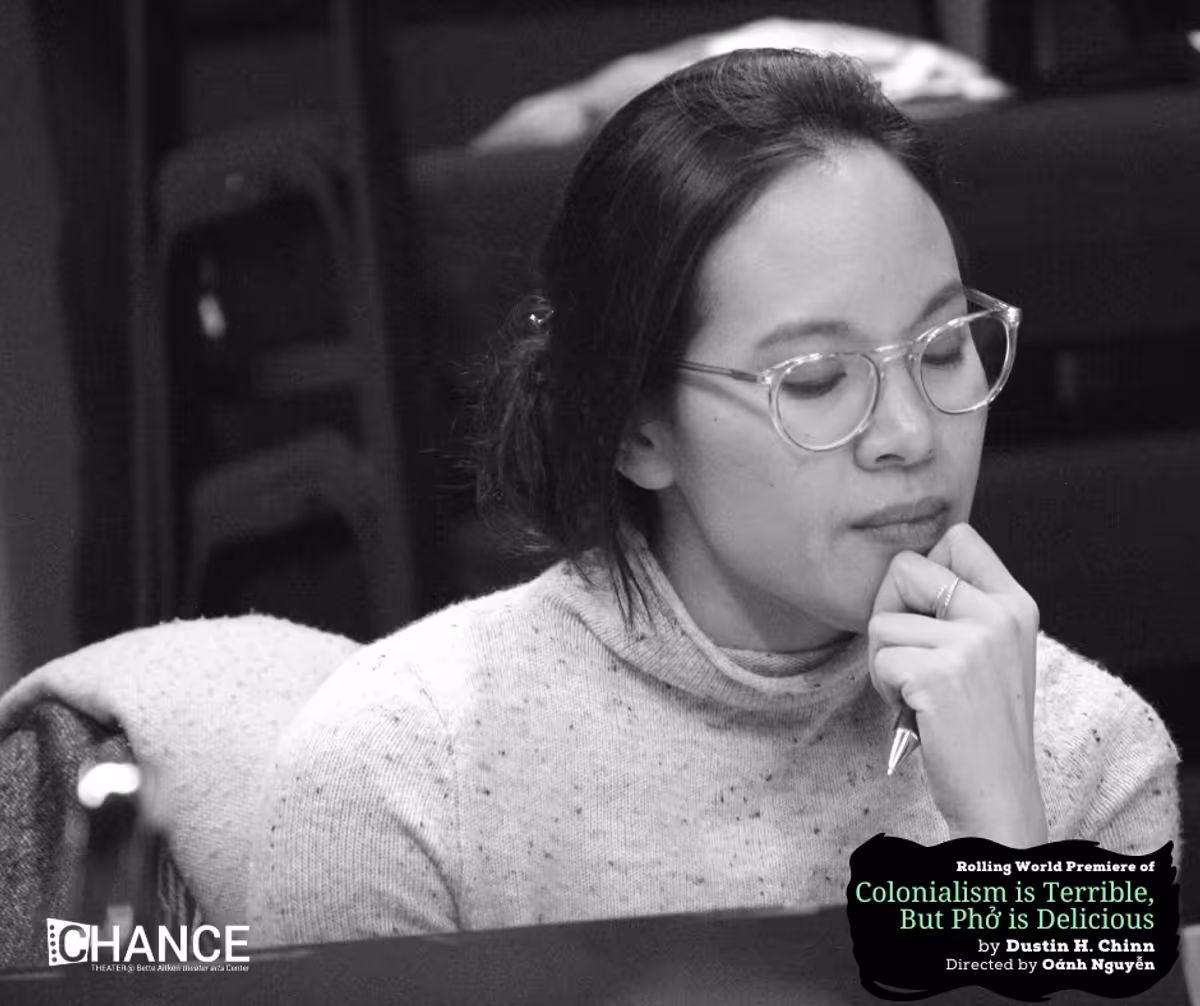 Dramaturg Natalia Duong at the first read-thru for the rolling world premiere of "Colinialism is Terrible, But Phở is Delicious" at Chance Theater. Photo by Casey Long.
