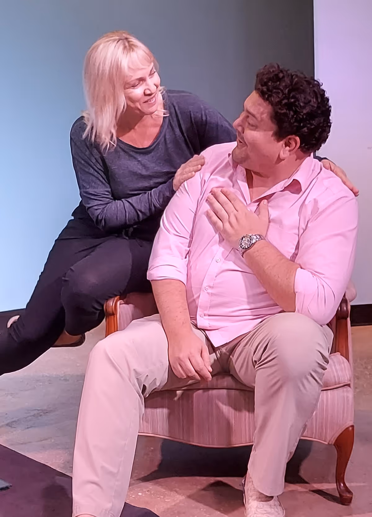 Tracey Reynolds and Andrew Hughes in rehearsal for Vino Veritas Tracey Reynolds and Andrew Hughes in rehearsal for Vino Veritas