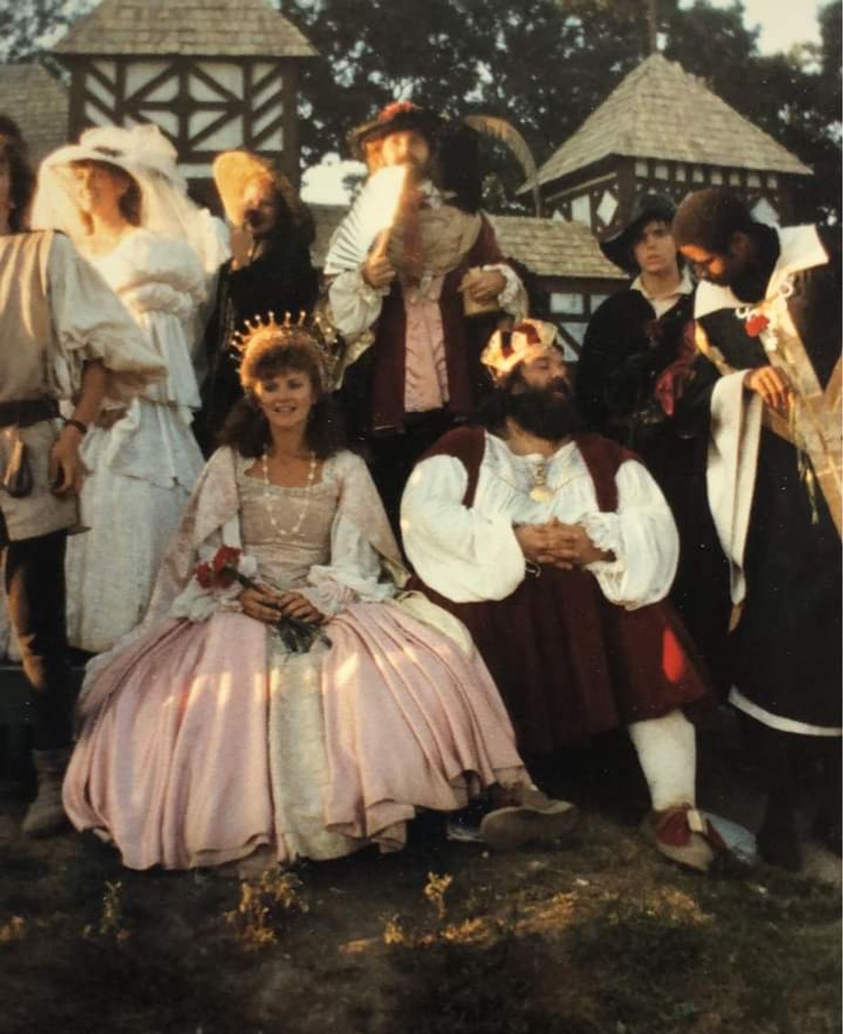 THE END OF HIS MAJESTY'S REVELS!: Under the watchful eye of both Barbara Burinski as Her Majesty, Queen Katherine and Richard D. Weber as Lord Chancellor, Sir Percival Degage, Darryl Maximilian Robinson ( at right ) as His Eminence, Tomas de Torquemada, The Grand Inquisitor of Spain engages in a Royal Chit-Chat with Ray Nelson as His Majesty, King Richard in the closing segment of "Murder, They Quoth" the musical comedy mystery Grand Scenario of the 1986 King Richard's Faire of Kenosha, Wisconsin.
