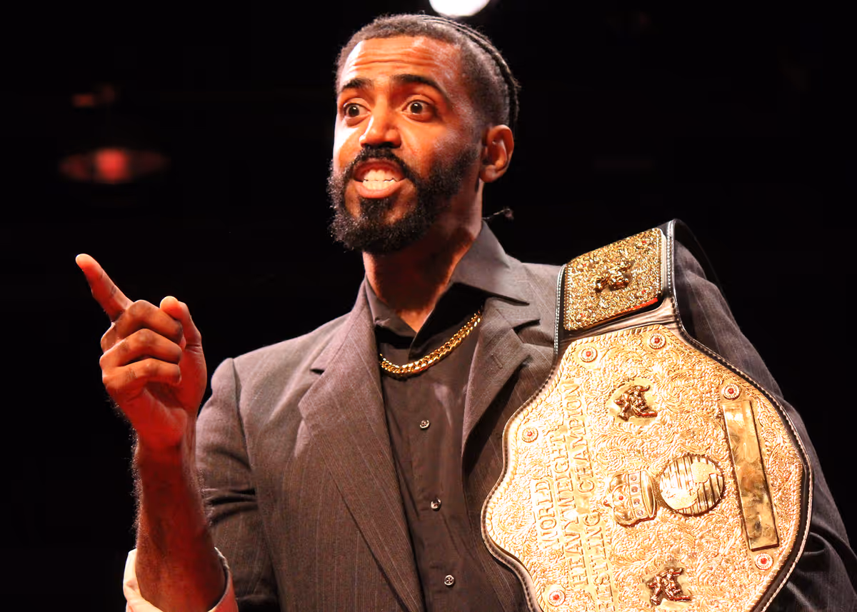 Londale Theus Jr. in Chance Theater's OC premier of "The Elaborate Entrance of Chad Deity." Playing September 23 - October 23, 2022 at Bette Aitken theater arts Center on the Cripe Stage. Written by Kristoffer Diaz, Directed by Jeremy Aluma, Fight Direction by Martin Noyes. Photo by Camryn Long