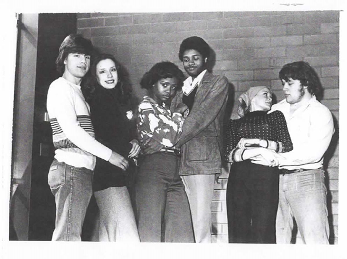 HIGH SCHOOL MUSICAL FOR REAL: Chicagoland High School Theatrical Troupe Members MARK GIZEL as Nathan Detroit, KATHY KLAGES as Miss Adelaide, Future 1993 Broadway Tony Best Featured Actress Award Winner TONYA PINKINS as Miss Adelaide, Future 1997 Chicago Joseph Jefferson Citation Outstanding Actor Award Winner DARRYL MAXIMILIAN ROBINSON as Nathan Detroit, KAREN CORBOY as Miss Adelaide and JEFF SEFTON as Nathan Detroit rehease the 1977 Chicagoland High School Theatrical Troupe revival production of FRANK LOESSER'S and ABE BURROWS "GUYS AND DOLLS" 1977 Chicagoland High School Theatrical Troupe photo by Publicity Director IRVING M. STEIN.