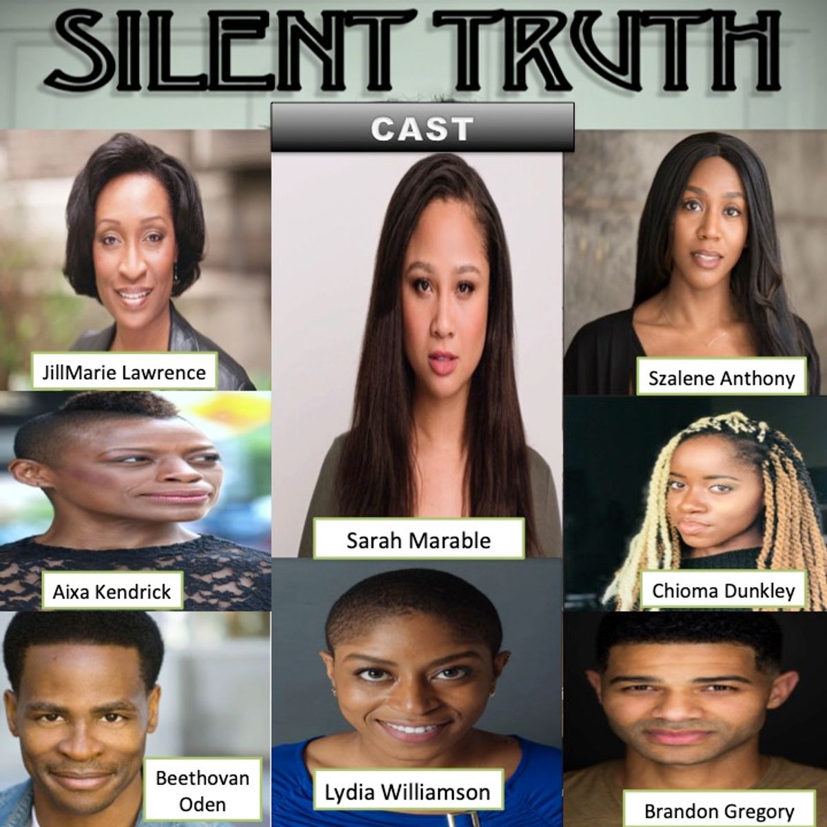 Cast of Hear Her Call Caribbean-American Theater Festival - Reading Salon feature play SILENT TRUTH:  Szalene Anthony, Chioma Dunkley, Brandon Gregory, Aixa Kendrick, Jill Marie Lawrence, Sarah Marable, Beethovan Oden, & Lydia Williamson.  

SILENT TRUTH
written by Magaly Colimon-Christopher
directed by Yvette Ganier