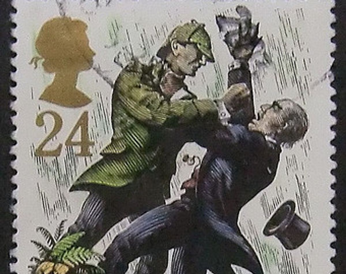 A Holmesian Postage Stamp!; Sir Arthur Conan Doyle's Great Detective Sherlock Holmes and The Napoleon of Crime, Professor Moriarty from "The Adventure of The Final Problem" have been depicted on a UK Postage Stamp.