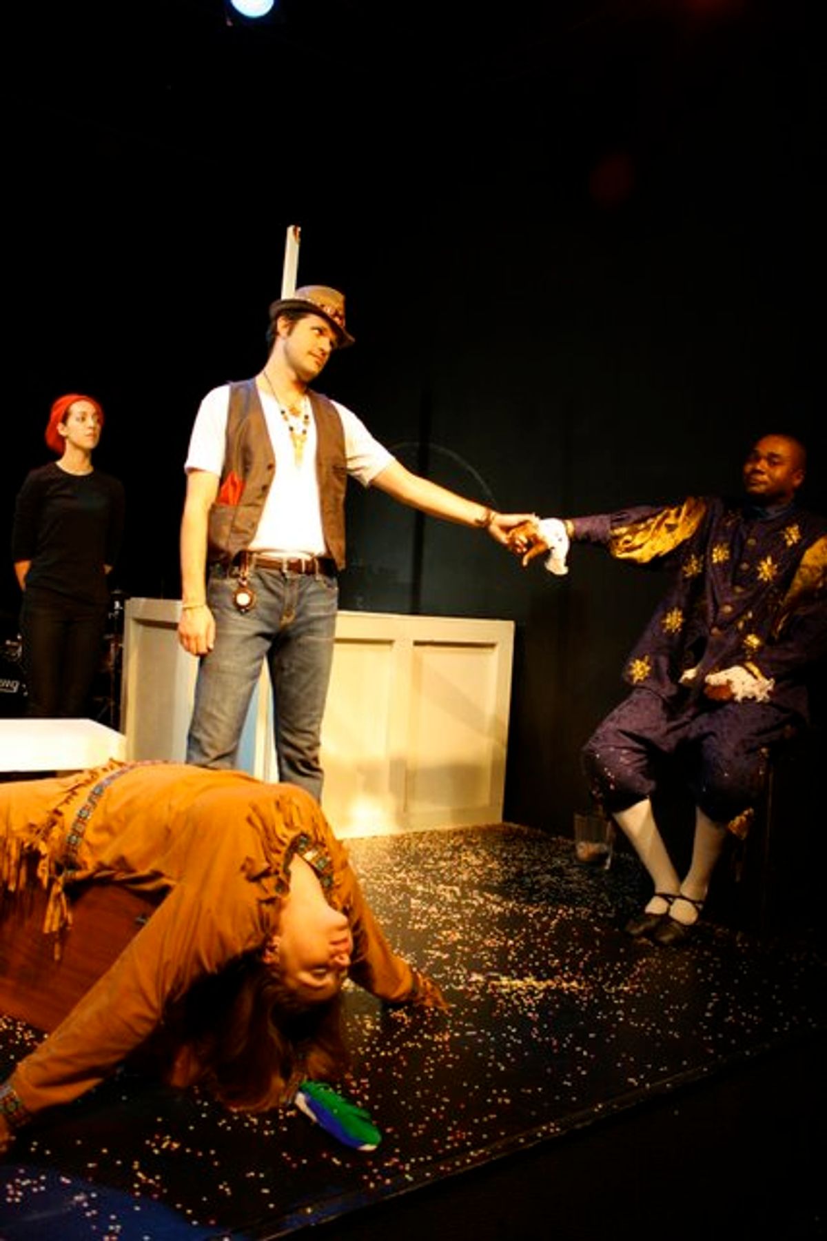GIVING AN OLD SHAKESPEAREAN ACTOR A HAND!: Christopher Karbo as El Gallo, Stacy Lynn Baker as Mortima, Darryl Maximilian Robinson as Henry Albertson and Setareh Khatibi as The Mute in a scene from the 2010 Tribe Productions 50th anniversary revival production of Tom Jones' and Harvey Schmidt's " The Fantasticks" presented as part of the first-ever Hollywood Fringe Festival at The Complex Theatre of Los Angeles. GIVING AN OLD SHAKESPEAREAN ACTOR A HAND!: Christopher Karbo as El Gallo, Stacy Lynn Baker as Mortima, Darryl Maximilian Robinson as Henry Albertson and Setareh Khatibi as The Mute in a scene from the 2010 Tribe Productions 50th anniversary revival production of Tom Jones' and Harvey Schmidt's " The Fantasticks" presented as part of the first-ever Hollywood Fringe Festival at The Complex Theatre of Los Angeles.