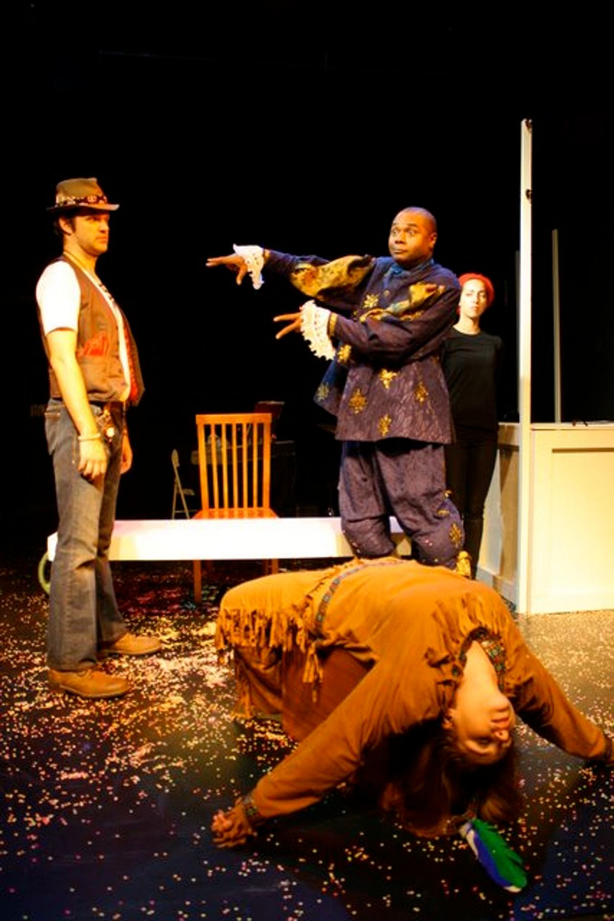 PERHAPS, YOU RECALL MY HAMLET?: Christopher Karbo as El Gallo, Stacy Lynn Baker as Mortima, Darryl Maximilian Robinson as Henry Albertson and Setareh Khatibi as The Mute in a scene from The Tribe Productions 50th anniversary revival production of Tom Jones' and Harvey Schmidt's classic, romantic musical "The Fantasticks" presented at Los Angeles' Complex Theatre as part of the first-ever Hollywood Fringe Festival. PERHAPS, YOU RECALL MY HAMLET?: Christopher Karbo as El Gallo, Stacy Lynn Baker as Mortima, Darryl Maximilian Robinson as Henry Albertson and Setareh Khatibi as The Mute in a scene from The Tribe Productions 50th anniversary revival production of Tom Jones' and Harvey Schmidt's classic, romantic musical "The Fantasticks" presented at Los Angeles' Complex Theatre as part of the first-ever Hollywood Fringe Festival.