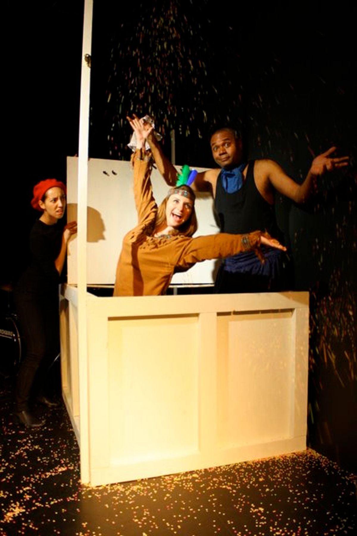 THINKING OUTSIDE OF THE BOX!: Setareh Khatibi as The Mute, Stacy Lynn Baker as Mortima and Darryl Maximilian Robinson as Henry Albertson in the 2010 Tribe Productions 50th anniversary revival production of Tom Jones' and Harvey Schmidt's classic, romantic musical "The Fantasticks" presented at Los Angeles' Complex Theatre as part of the first-ever Hollywood Fringe Festival. THINKING OUTSIDE OF THE BOX!: Setareh Khatibi as The Mute, Stacy Lynn Baker as Mortima and Darryl Maximilian Robinson as Henry Albertson in the 2010 Tribe Productions 50th anniversary revival production of Tom Jones' and Harvey Schmidt's classic, romantic musical "The Fantasticks" presented at Los Angeles' Complex Theatre as part of the first-ever Hollywood Fringe Festival.