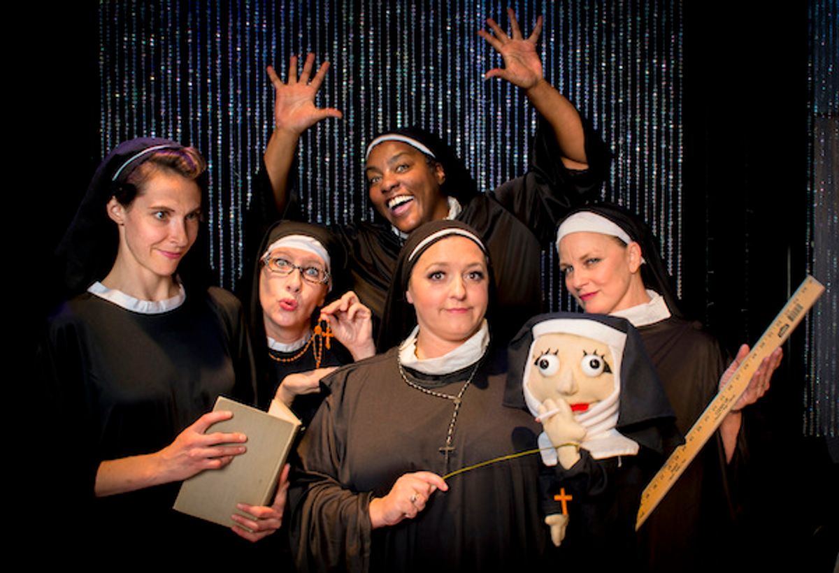 Photo Credit: Russell Maynor
Photo ID: left to right: Sr. Mary Leo (Elena Warden), Sr. Hubert (Lisa Fenstermacher), Sr. Mary Regina (Angela Littleton), Sr. Amnesia (Jessica Osbourne), Sr. Mary Annette, Sr. Robert Anne (Bridget Kelly)---The Little Sisters of Hoboken
