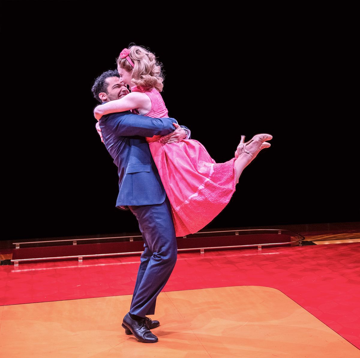 Christian Thompson (Frank Abagnale, Jr.) and Hayley Podschun (Brenda Strong) in Catch Me If You Can running March 4 through April 17 at Arena Stage at the Mead Center for American Theater. Photo by Margot Schulman.