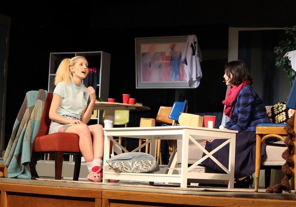 Olive (Hali Malecki) attempts to comfort a newly-separated (and very hysterical) Florence (Alexandra Levine) during the first act of Neil Simon's The Odd Couple (Female Version). Photo by Gary Thurman. Production by Black Swamp Players. 1